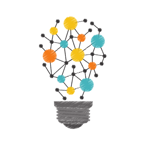 Lightbulb made out of orange, yellow, blue, and gray connected dots.