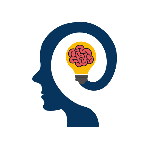 Navy blue profile of human head, a brain inside of a lightbulb inside of the cranium.