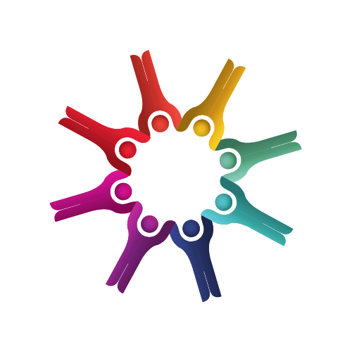 Eight stick figures holding hands in a circle, each a different color of the rainbow.
