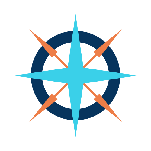 Light blue, orange, and navy blue compass.